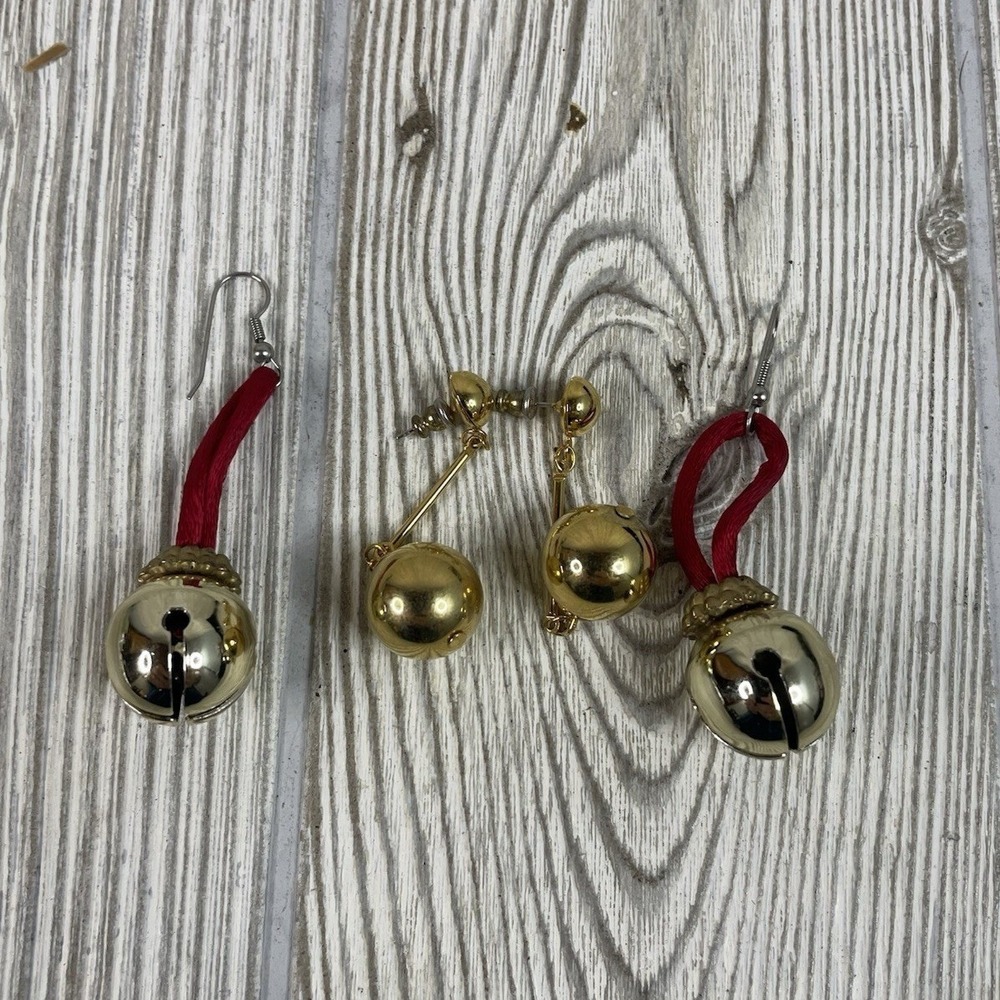 Vintage Christmas Earring Lot Gold Tone Jingle Bell Red Cord & Ball Drop Dangle